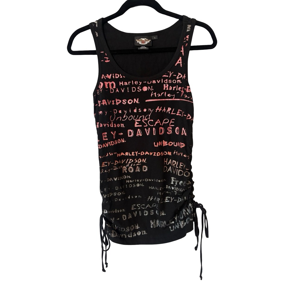 Harley Davidson Women Small Black Glitter Script Lace Up Side Tank Top Cotton